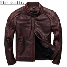Мужская куртка из натуральной воловьей кожи в стиле ретро, байкерская куртка, короткая винтажная кожаная куртка KJ1441