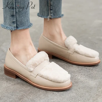 

Krazing pot new genuine leather sheep fur super warm shoes slip on round toe med heels women fashion cozy daily wear pumps L80