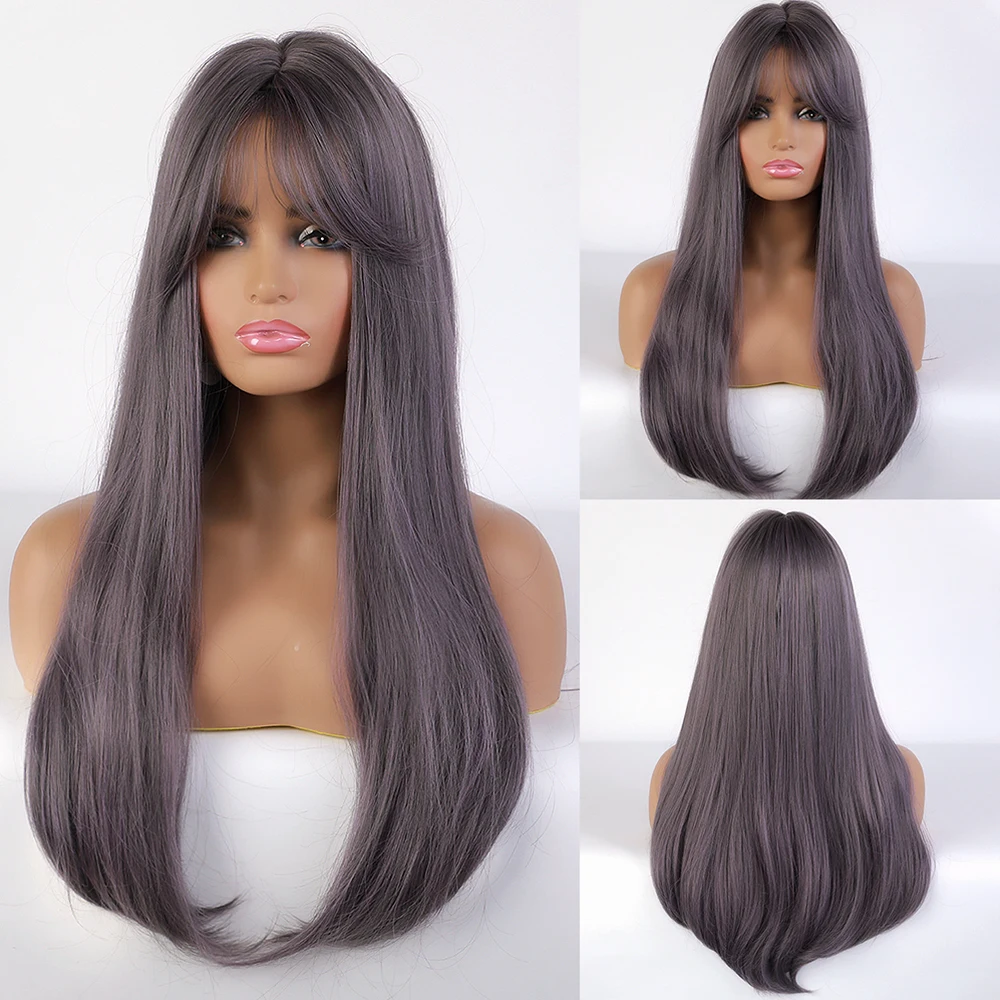 

JONRENAU Synthetic Long Straight Purple Wigs with Bangs Cosplay Wigs Heat Resistance Fiber Party Wigs for White/Black Women