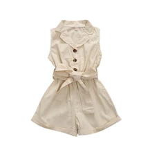 Модный однотонный хлопковый однобортный комбинезон без рукавов с отложным воротником для девочек; шорты