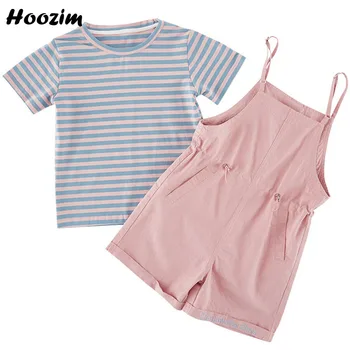 

2020 Summer Girls Clothing Set 4-11 Age Cute Striped T Shirt + Drawstring Waist Embroidery Letter Sling Shorts Set Children Suit