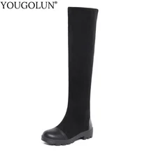 Кожаные высокие сапоги до бедра; Женская осенне-зимняя обувь на среднем квадратном каблуке; пикантные женские черные стрейчевая Ткань Сапоги выше колена; A362