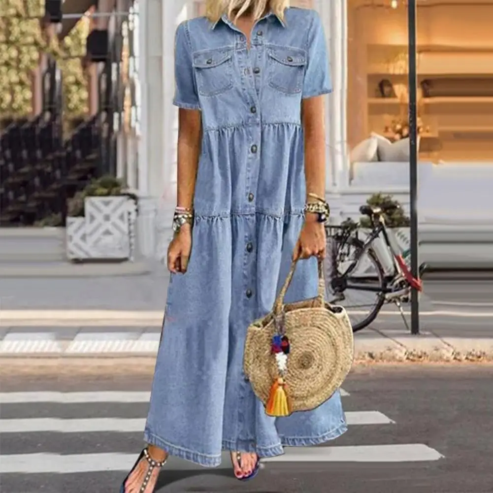 Retro Jeans Dress Women Short Sleeve Turn Down Collar Pockets Buttons Long Loose Denim Dress Casual Dresses Clothes 10pcs a5 pages laser 2 pockets rainbow shape holographic sleeve pages for a5 album protector idol star cards photo storage