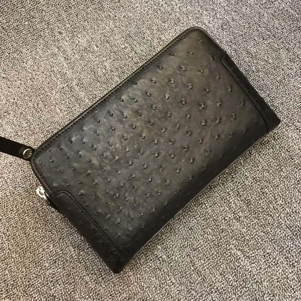 

XHPJ authentic Ostrich leather men Hand bag Double zipper pocket Genuine leather Hand bag male men clutch bag