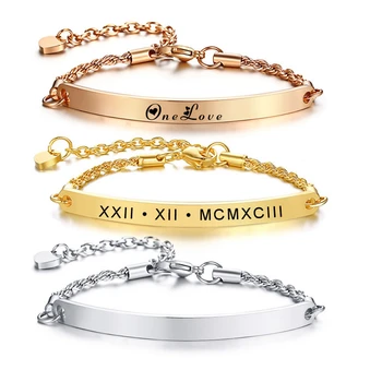 

Personalized Women Bar Bracelet Name Date Custom Rope Chain Wristband Love Gifts To Mom Free Engraving