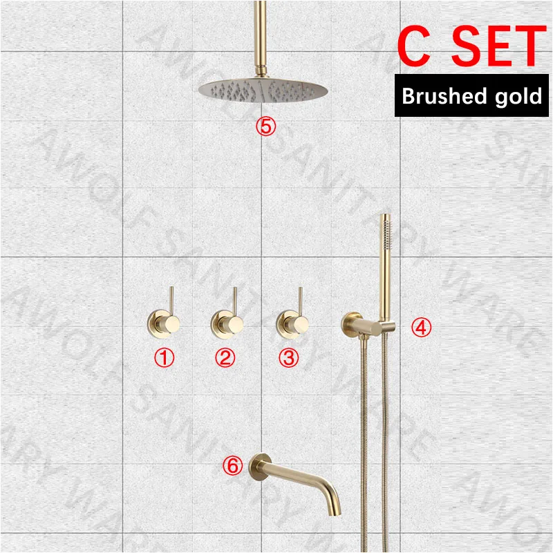 Brushed Gold C SET Набор для ванной комнаты, матовый, розовое золото, простота, твердая латунь, 8 дюймов, насадка для душа, кран, смеситель для душа, ванна, черный хром, AH3023 - Цвет: Brushed Gold C SET