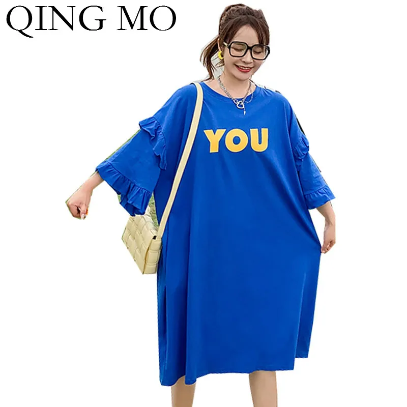 Женское платье с надписью QING MO летнее синего и красного цвета расклешенным