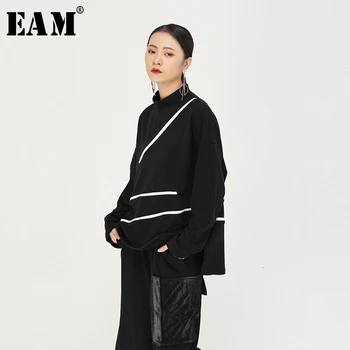 

[EAM] Loose Fit Split Joint With Fleece Sweatshirt New Round Neck Long Sleeve Women Big Size Fashion Spring Autumn 2020 1K085
