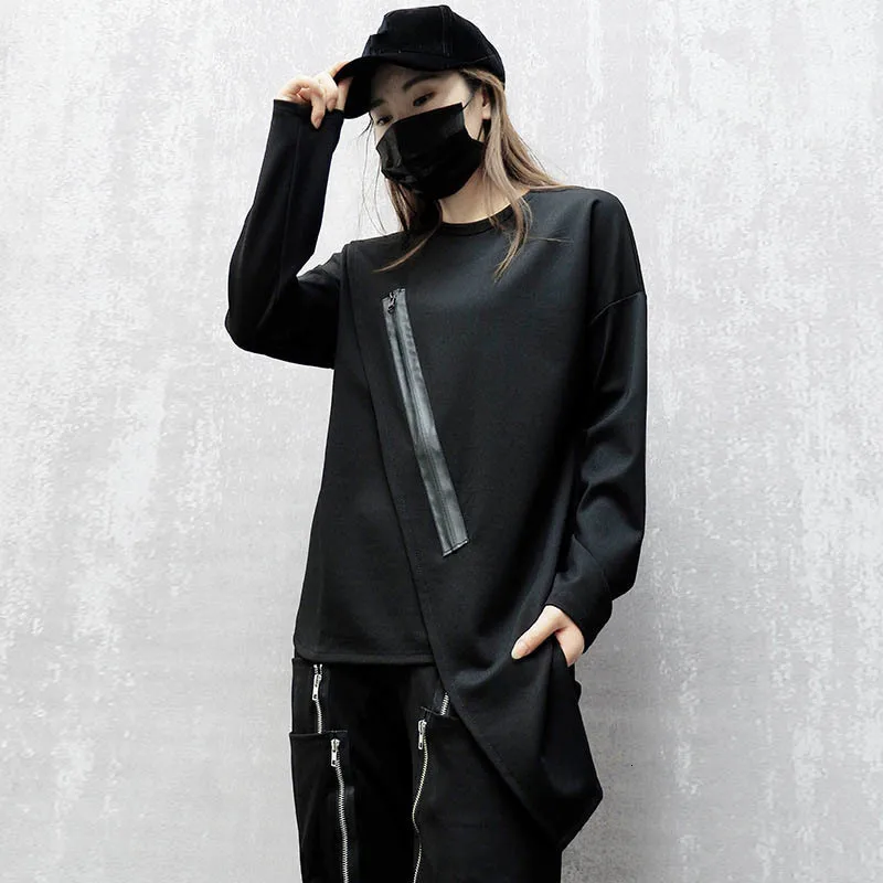 [DEAT] Women Black Zipper Irregular Causal Brief T-shirt New Round Neck Long Sleeve Fashion Tide Spring Autumn 13E318