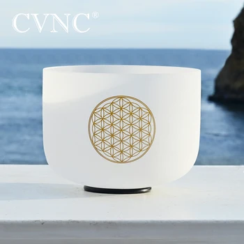 CVNC 8 Inch Chakra Frosted Quartz Crystal Singing Bowl with Flower of Life C/D/E/F/G/A/B Note for Boost Immune System Mind Focus