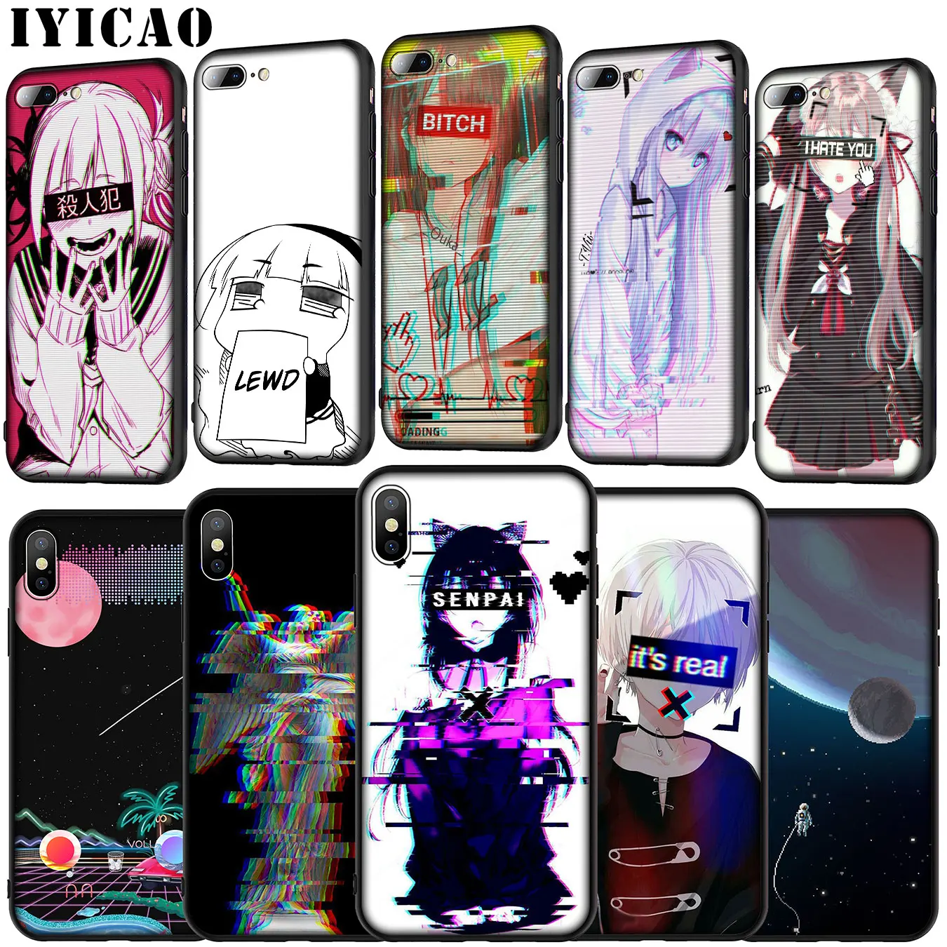IYICAO Vaporwave Space Anime Soft Silicone Cover Case for iPhone 11 Pro XR X XS Max 6 6S 7 8 Plus 5 5S SE Black TPU Phone |
