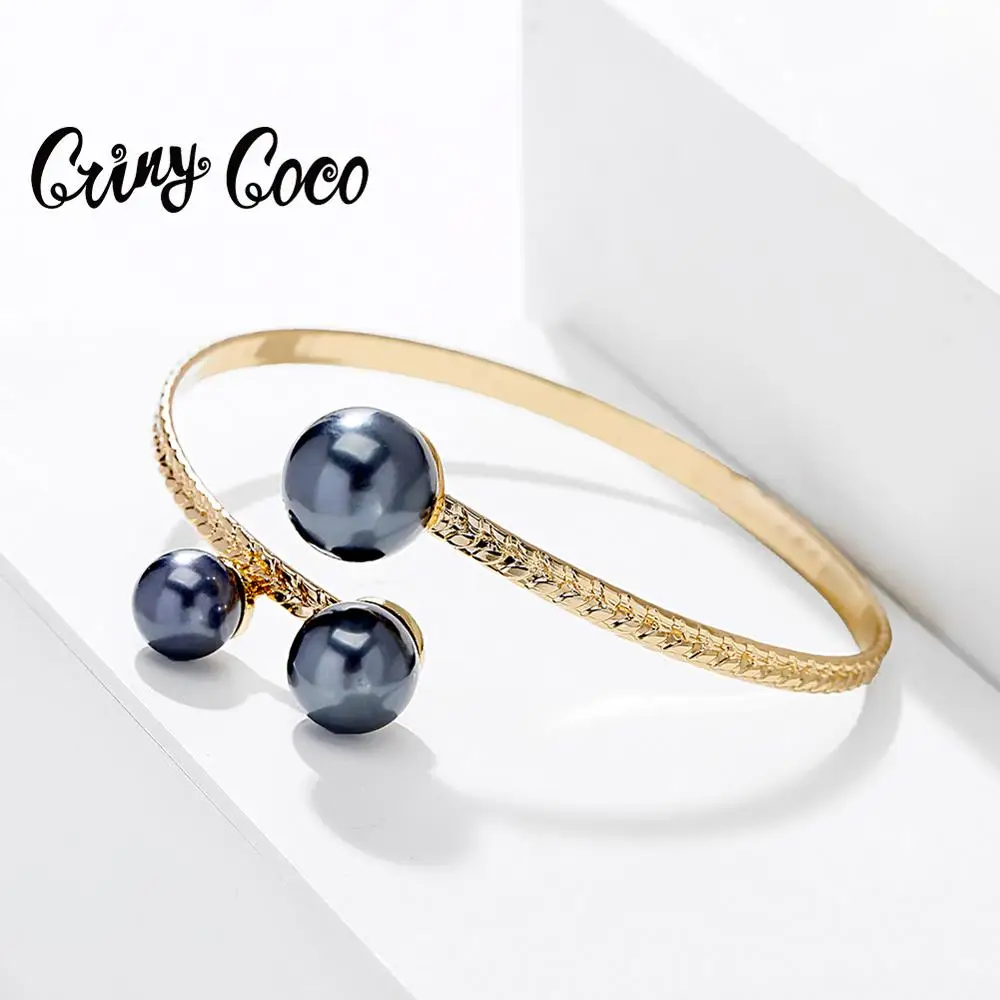 

Cring coco Black Pearls Bracelets New Fashion Classic Women's Cuff Bangle Gold Color Alloy Jewelry Bracelet for Women Wedding