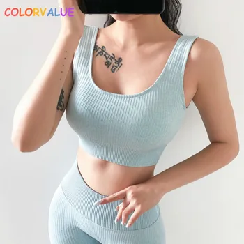 

Colorvalue Ribbed Shockproof Plain Running Sports Bras Tops Women Widen Straps Seamless Fitness Crop Top Athletic Yoga Bras