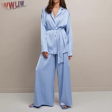 New 2 Piece Women Sets Satin Home Suit Wear Autumn Spring Brown Long Sleeve Top And Pants Loose Casual Solid Ladies Trousers Set