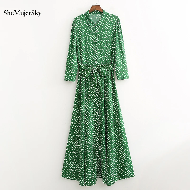 SheMujerSky женское зеленое длинное платье-рубашка элегантное осеннее платье с принтом и отложным воротником женские платья с поясом Макси платье