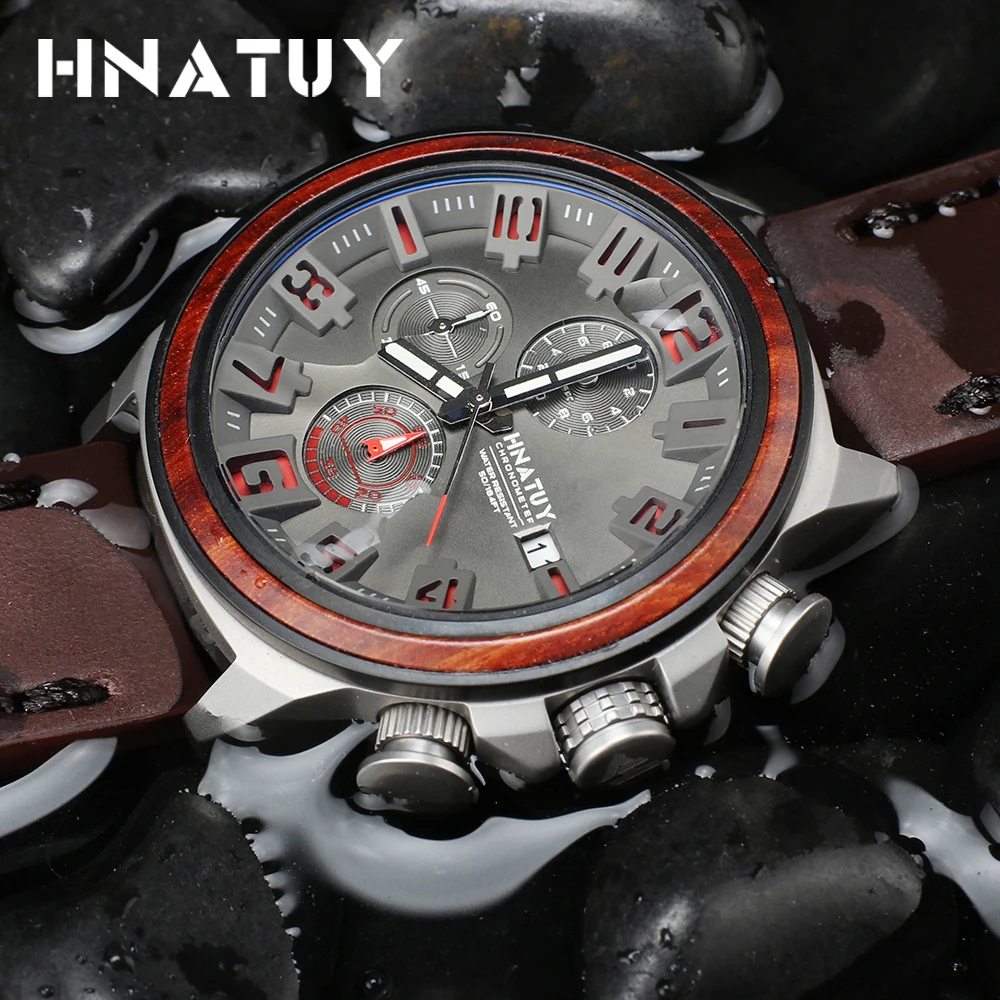

hnatuy men's watch water resistant 5bar watches men original design Wood element Military leather quartz watches horloges mannen