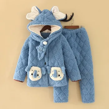 

Cute Kids Flannel Pajamas Set Warm Thicken 2PCS Sleepwear Winter New Pyjamas Suit Child Coral Fleece Sleep Set Hooded Home Wear