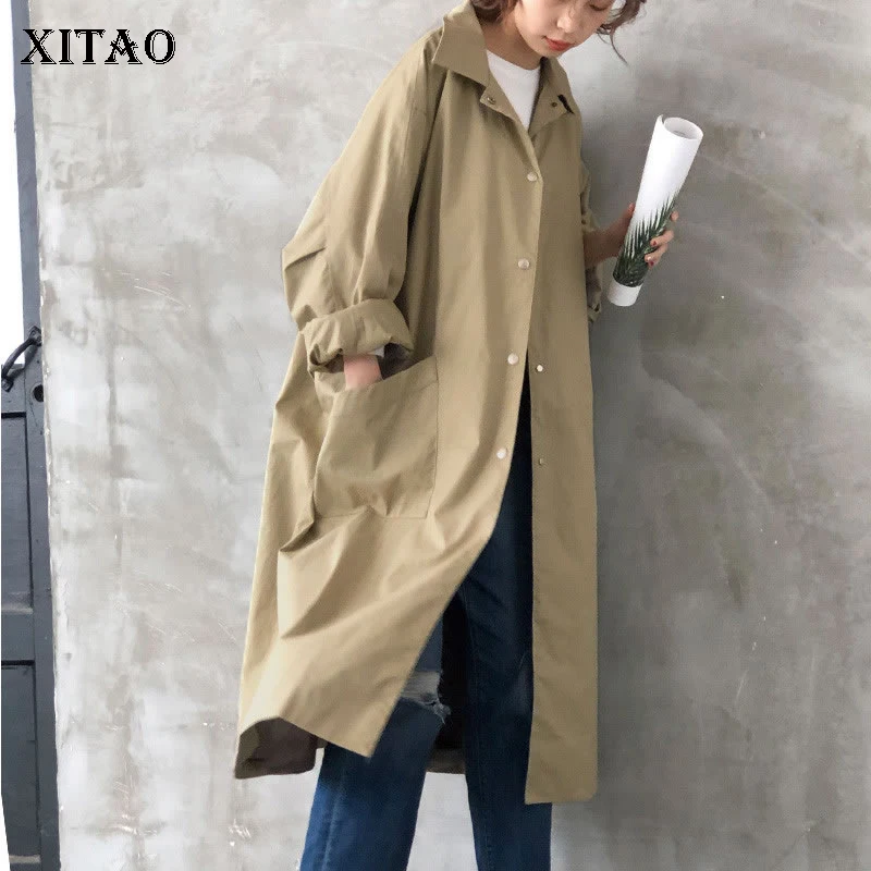 XITAO Cardigans Long Trench Women Korea Fashion New Pocket Single Breasted Plus Size Autumn Split Casual Coat WQR1285