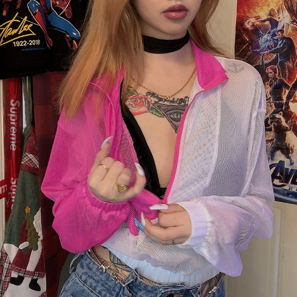 

Sexy Autumn Short Women Blouse Mesh See-Through Slash Neck Hollow Long Sleeve Club Street Jacket Women's Sport Tops Pink White