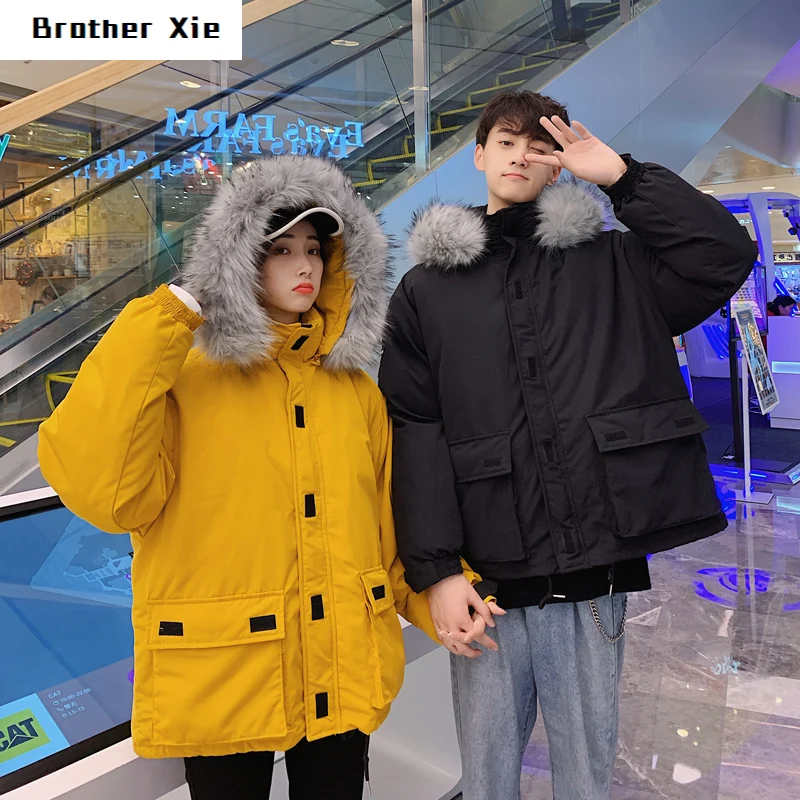 

Winter New Jacket Men Warm Fashion Solid Color Casual Tooling Fur Collar Hooded Coat Man Streetwear Loose Cotton Male Clothes