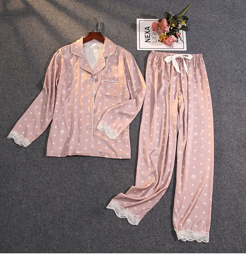 cute pajamas for women JULY'S SONG Satin Women's Pajamas Sets Lace Crown Star Print Elegant Sweet Lady Faux Silk Long Sleeve Summer Spring Sleepwear cotton pyjama set