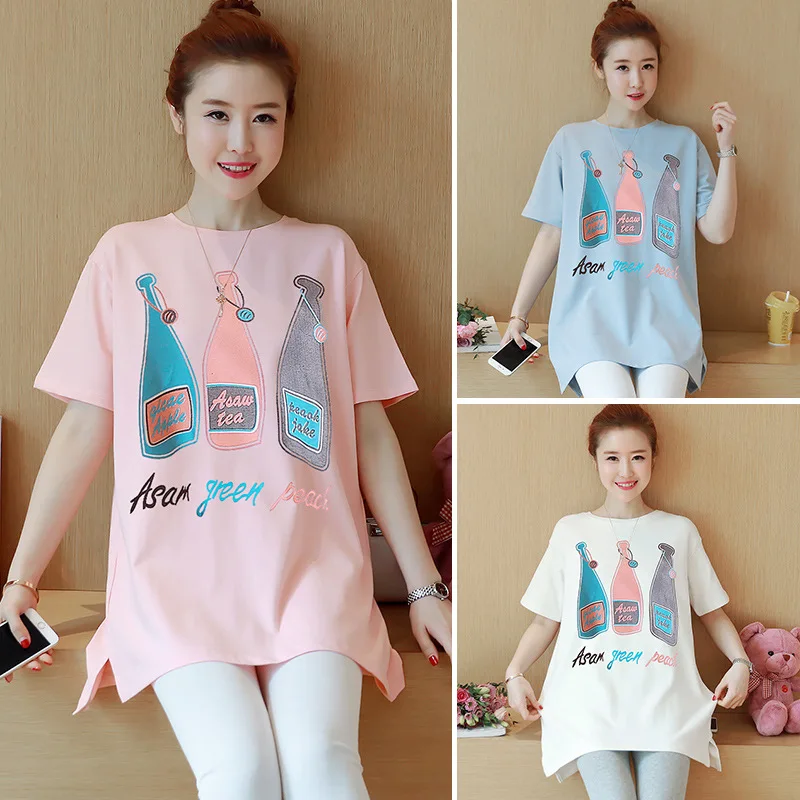 

Pregnant Women Summer Wear 2019 New Style Fashion Korean-style Printed Pure Cotton Loose Short Sleeve T-shirt Mid-length Materni