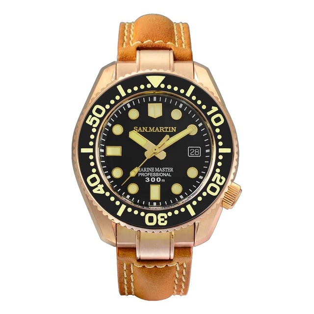 San Martin Diver Watch CuSn8 Bronze MM300 PT5000 Automatic Men Mechanical Watches Leather 300m Water Resistant Luminous Relojes Black NH35