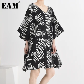 

[EAM] Women Pattern Printed Oversized Dress New V-Neck Three-quarter Sleeve Loose Fit Fashion Tide Spring Summer 2020 1U48601