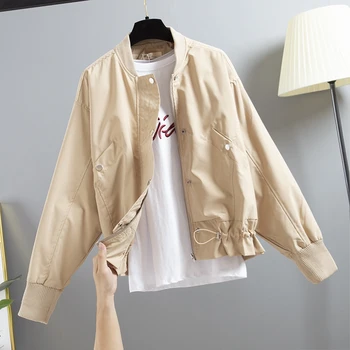 

Spring Autumn Korean Jacket Women Drawstring Baseball Clothes Harajuku Lace up Solid Bomber Jacket Women Loose Outwear G216