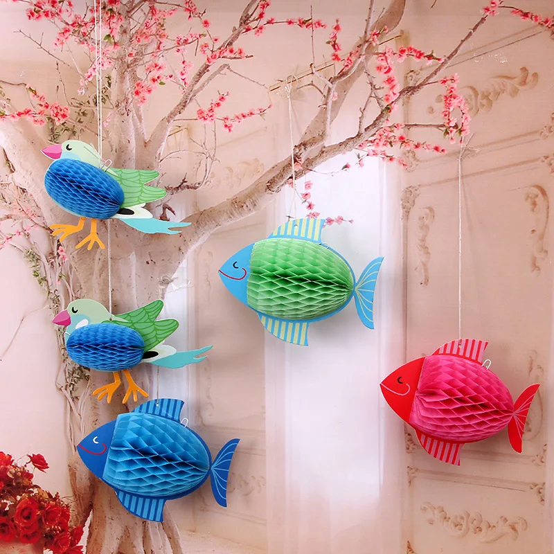 

3D Fish Honeycomb Ball Paper Flower Lantern Ball Pompom for Birthday Baby Shower Festive Event Party Supplies Decorations