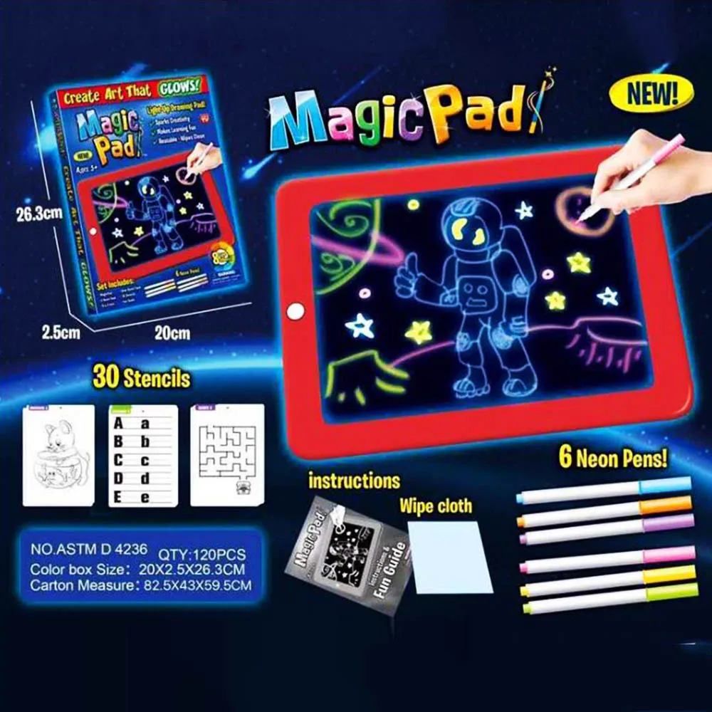 Kinder 3D Magic Zeichnen Sketchpad Leuchtende Zeichenbrett mit Leuchtstift Set 