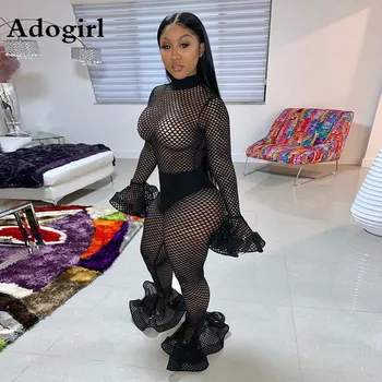 

Adogirl Sexy Hollow Out Fishnet Club Jumpsuit Women Turtleneck Long Flare Sleeve Solid Romper Lady Party Boot-cut Long Overalls