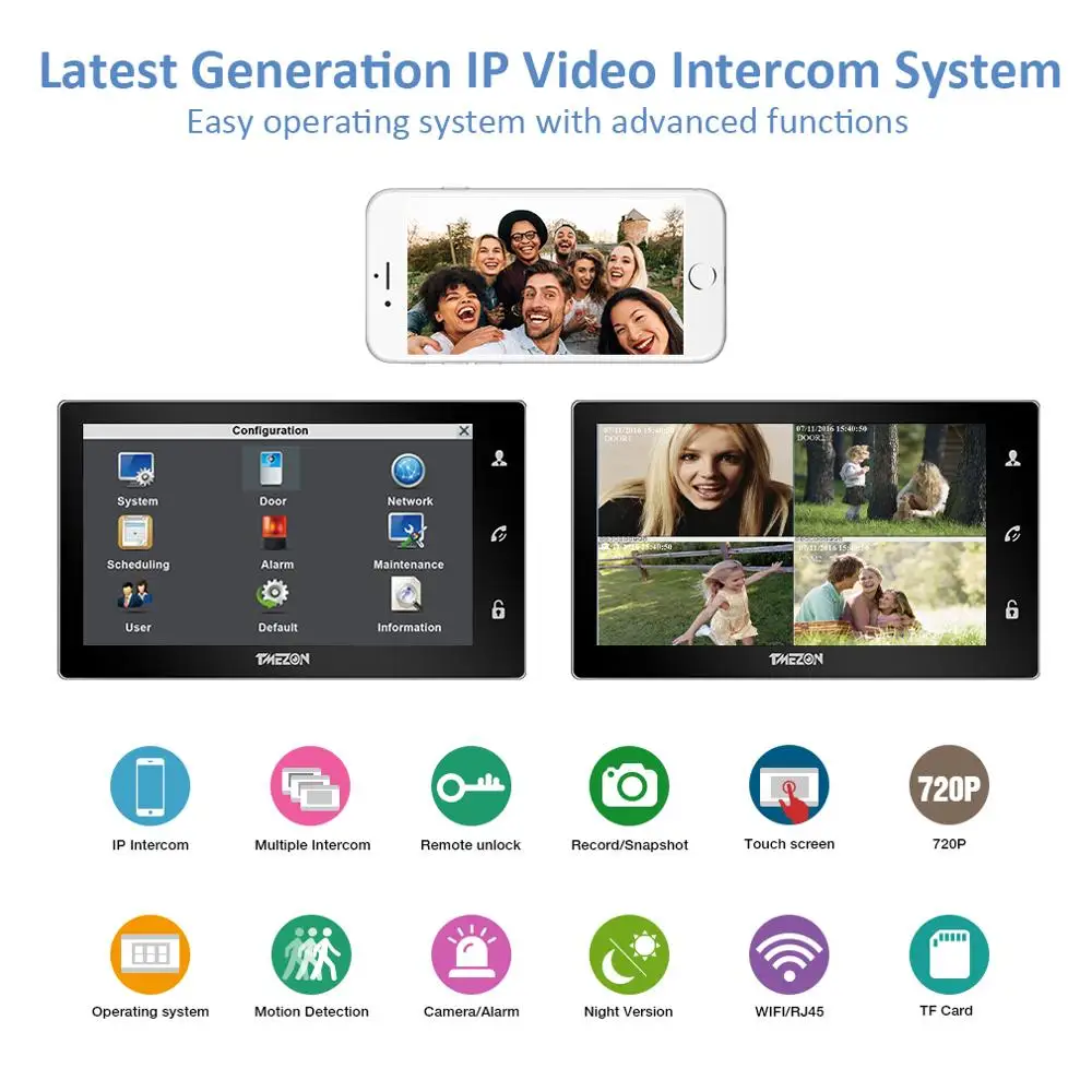 TMEZON Wifi Video Doorbell Door Phone Intercom System IP 10" Monitor 720P HD Cam 