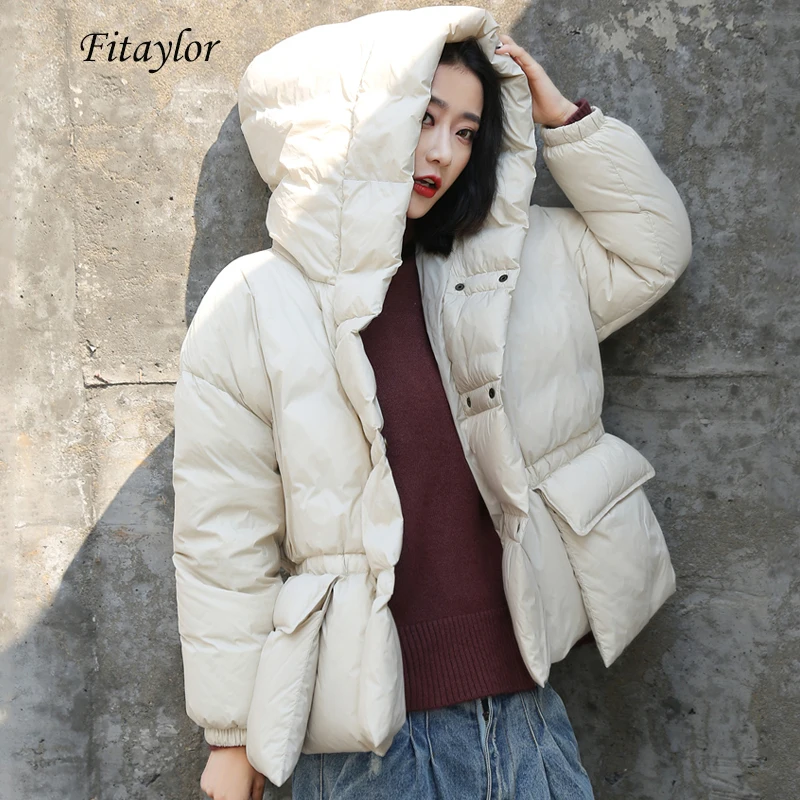 

Fitaylor New Winter Ultra Light Hooded Down Jacket Short Bread Overcoat Warm Loose White Duck Down Parka Double Breasted Outwear