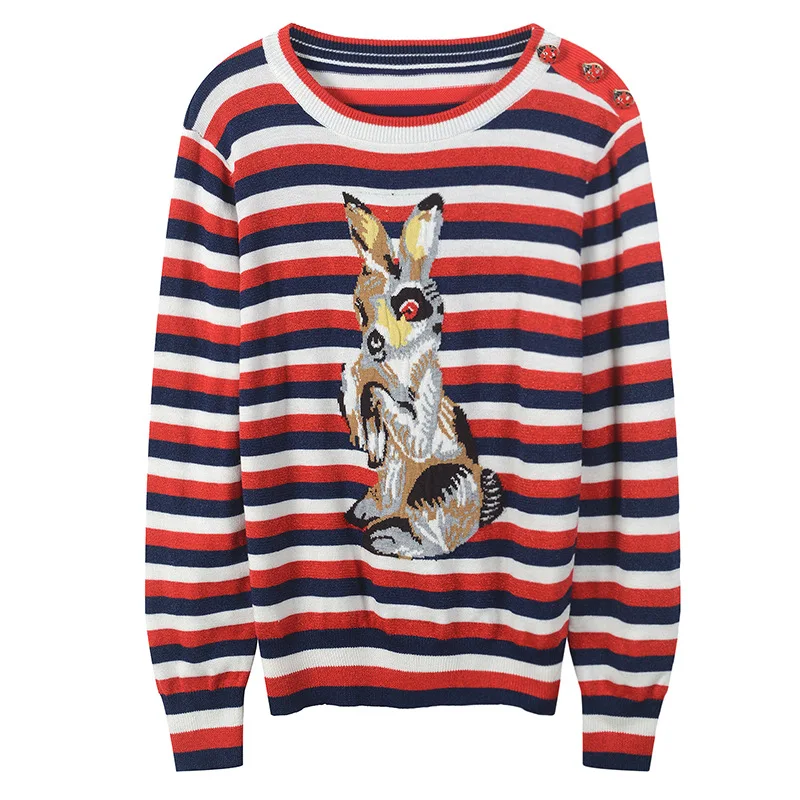 

Women Sweater Animal Rabbit Jacquard Lurex Jumper Color Block Striped Jersey Runway Long Sleeve Button Pullovers Knitted Tops