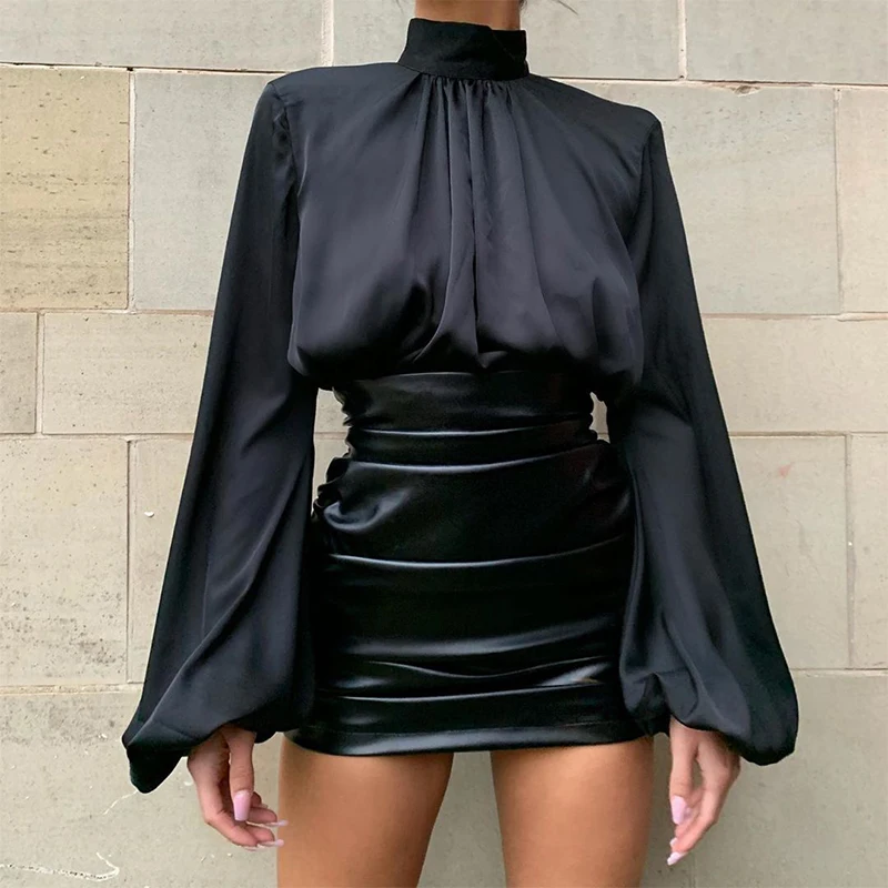 Darlingaga Fashion Chic Satin High Neck Blouse Shirt Women Long Puff Sleeve Ladies Tops Elastic Waist Soft Shirts Crop Top 2020