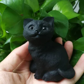 

Natural Black Obsidian Cat Crystal Quartz Animal Healing Reiki Energy Gemstone Figurine For Home Decoration or Gift R