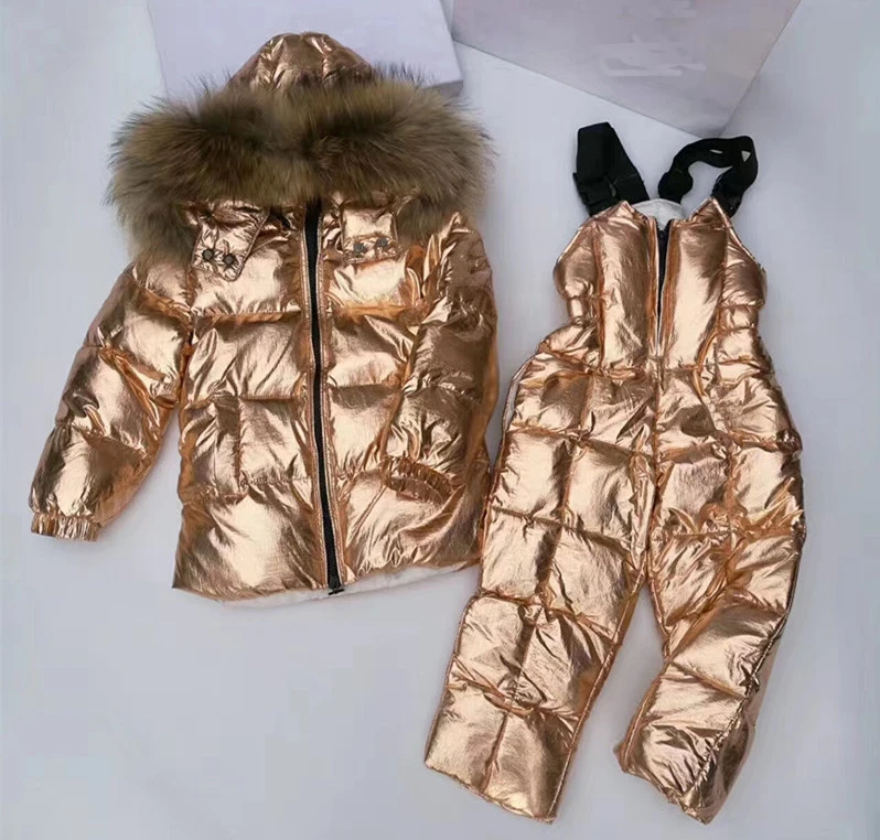 Gold Коллекция года, комплекты зимней одежды для девочек меховая толстовка, костюм для мальчиков, теплая пуховая одежда для мальчиков куртка 6 лет, Комбинезоны Детские Зимние костюмы - Цвет: Gold