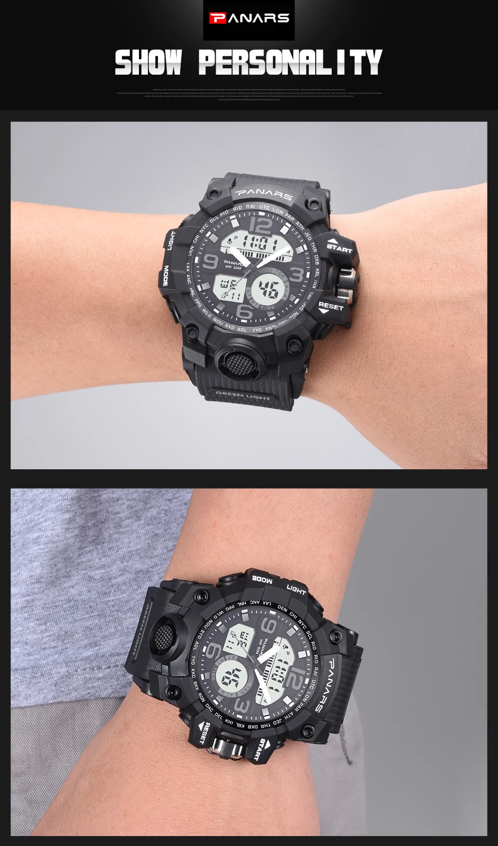 PANARS спортивные водостойкие часы для дайвинга, мужские цифровые часы с двойным дисплеем и таймером, светодиодный Будильник, мужские военные наручные часы