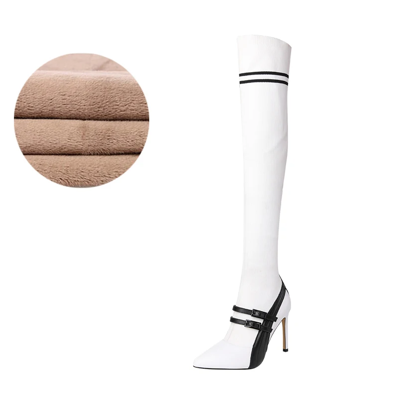 Изящные сапоги на высоком каблуке с острым носком; эластичные Высокие Сапоги выше колена с пряжкой на ремешке; пикантные носки до бедер; Болельщицы - Цвет: White short plush