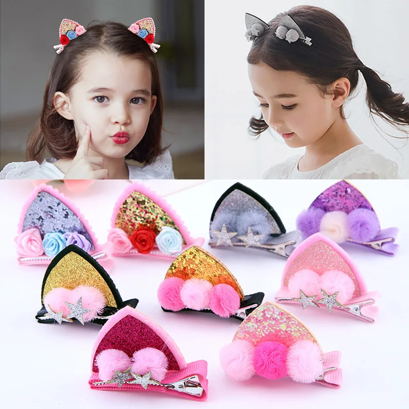 

2pcs/Set Cute Hair Clips For Girls Children Glitter Rainbow Flowers Hairpins Cat Ears Bunny Barrettes Kids Hair Accessories