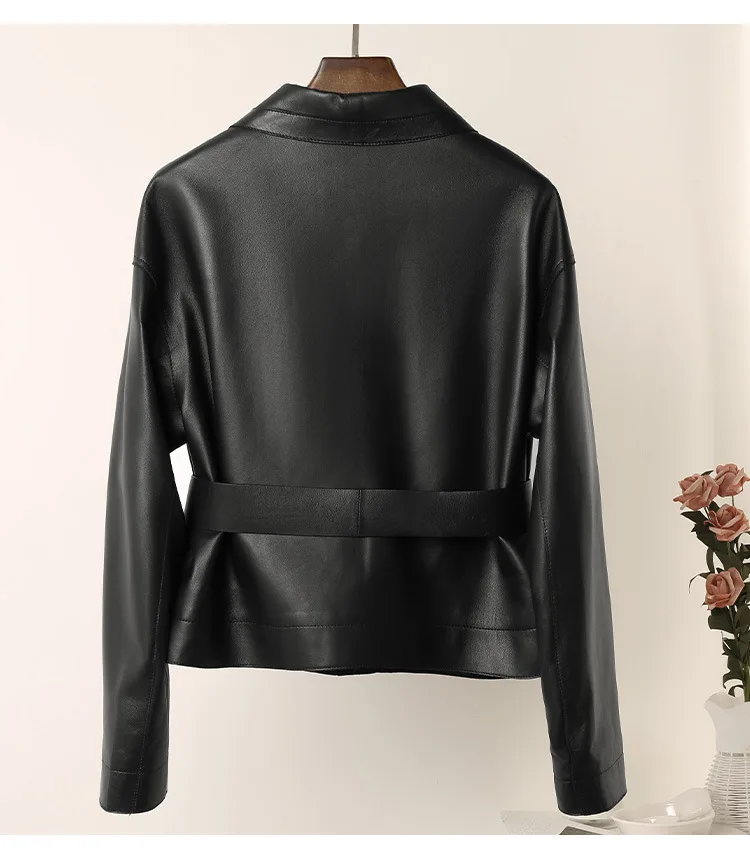 Spring Autumn Designer Women's Genuine Leather Belt Jackets Korean Style Sheepskin Short Coat C211