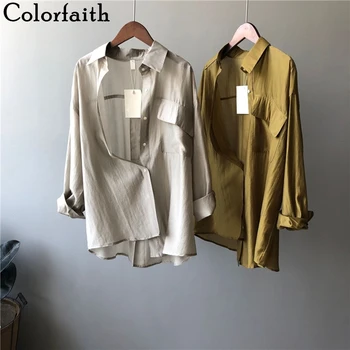 

Colorfaith New 2020 Women Autumn Blouse Shirts Casual 4 Colors Oversize Fashionable Office Lady Wild Pockets Long Tops BL0863