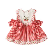 Vestidos de verano para niñas pequeñas Vintage Lolita vestido de algodón bordado de fresa a cuadros princesa traje de fiesta ropa para bebé