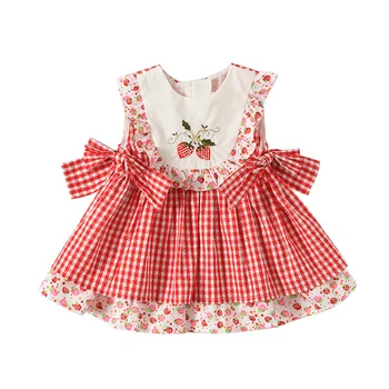 

Summer Toddler Girl Dresses Vintage Lolita Cotton Dress Strawberry Embroidery Plaid Princess Costume Party Clothing for Baby