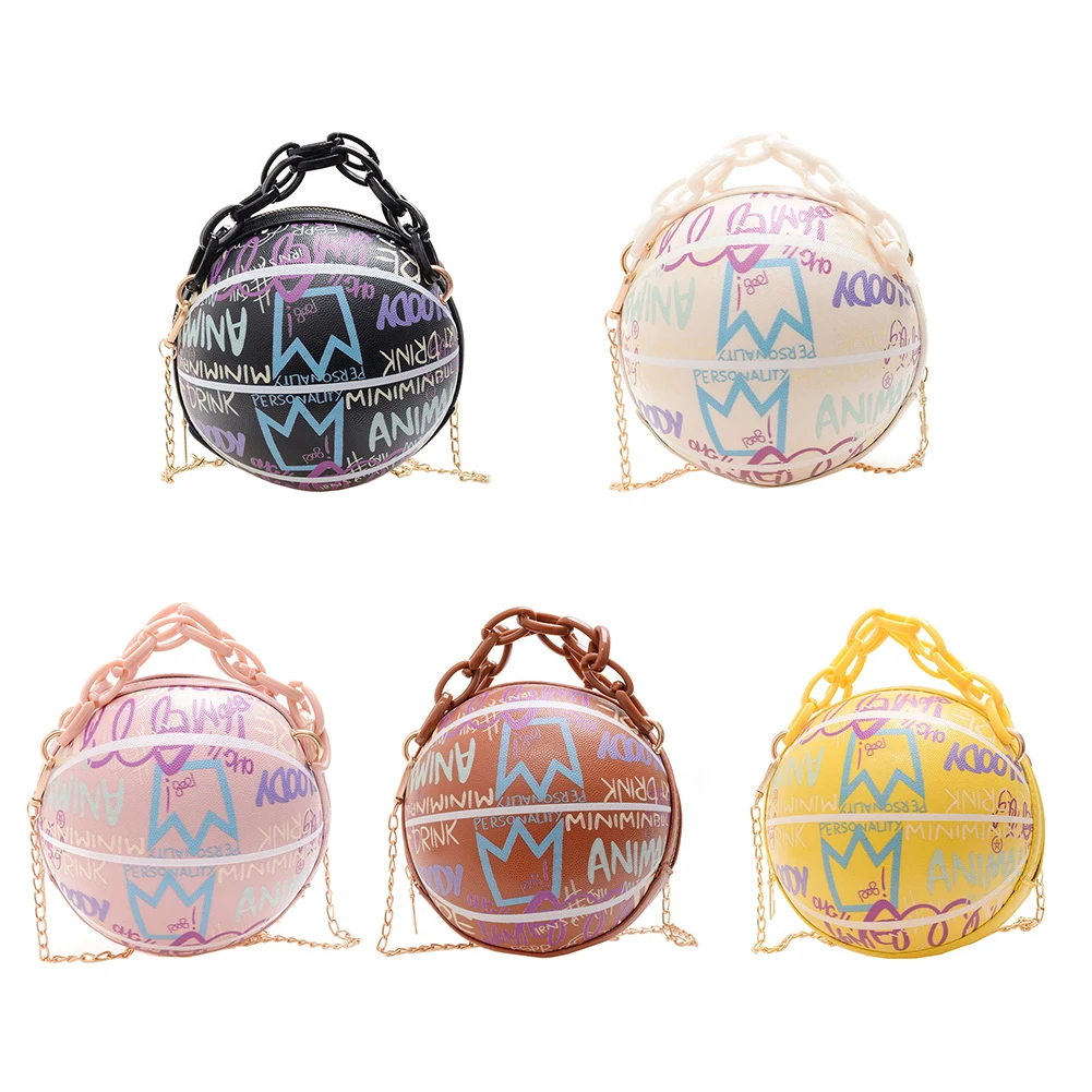 2021 Women Personality Graffiti Round Ball Bag Soft PU Leather Crossbody Acrylic Chain Handbags and Purses Female Basketball Bag
