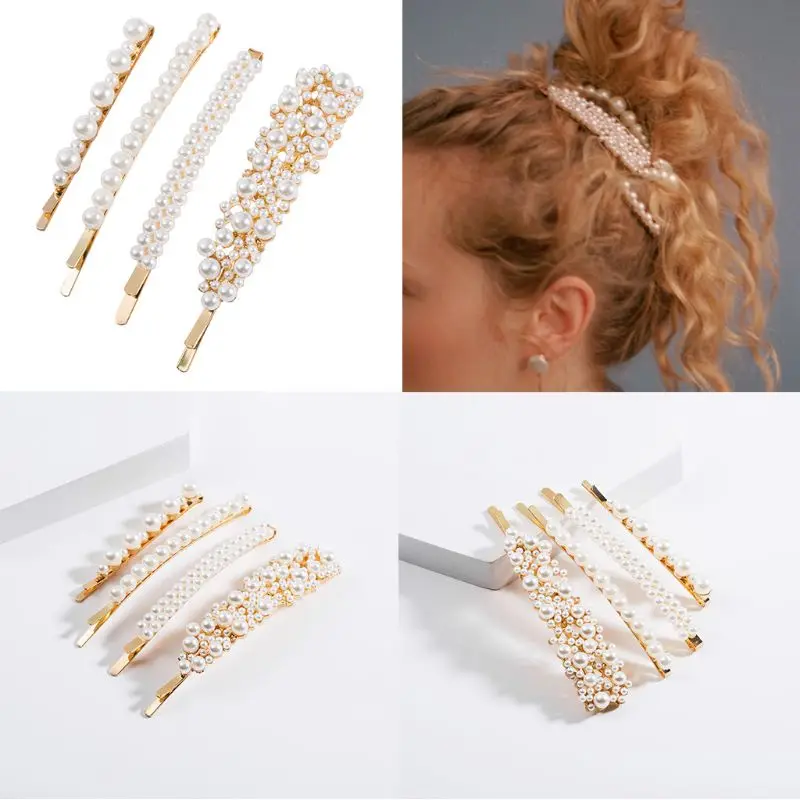 4Pcs Wedding Bridal Side Bangs Metal Alloy Hairpin Luxury Multi Rows Faux Pearl Beaded Women Hair Styling Clip Jewelry Barrette