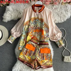 ALPHALMODA 2021 New Retro Style Suit Women's Court Style Printed Blouse Shirt + Shorts Women 2pcs Fashion Suit