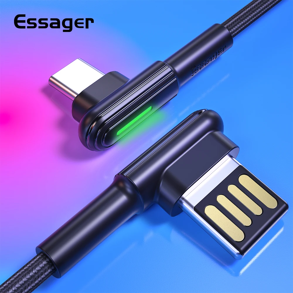 Зарядный кабель Essager USB Type-C для быстрой зарядки USB-C 90 градусов 3 А Samsung S20 S10 Plus Xiaomi mi
