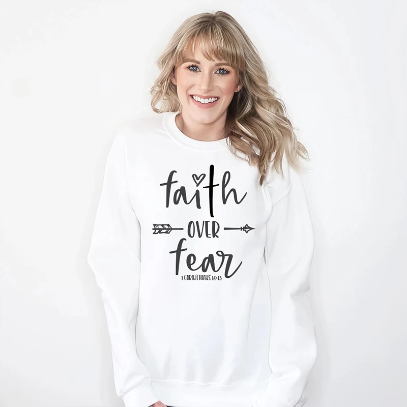 Белый Faith Over Fear Графический Для женщин толстовка эстетику с христианскими текстами и пуловер Вера Надежда Любовь джемпер Повседневное девушка верхняя одежда Прямая поставка - Цвет: Белый